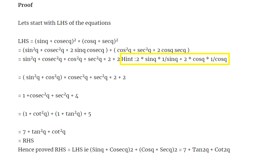 Prove that (Sinq + Cosecq)2 + (Cosq + Secq)2 = 7 + Tan2q + Cot2q